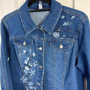 Charter Club Womens Denim Jacket Blue Embroidered Flowers Button Front Size L